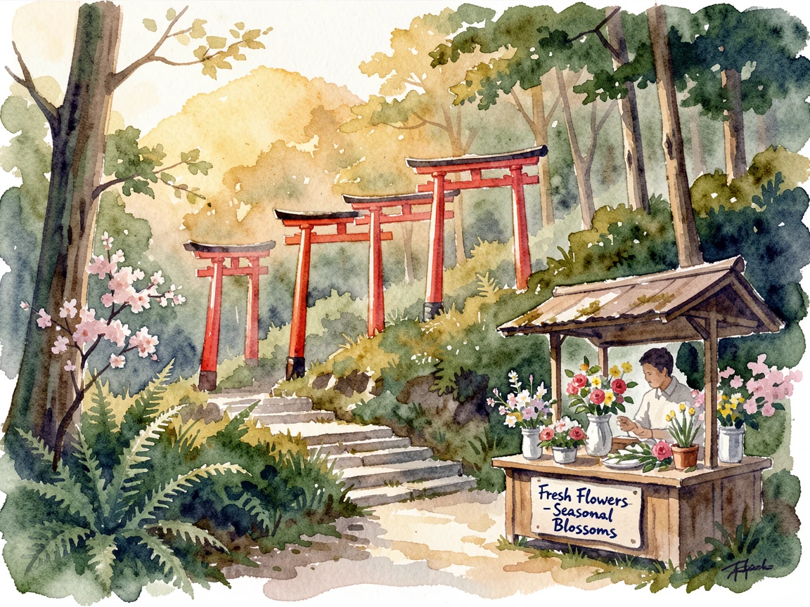 A row of red torii gates leading up a forested hill at sunrise with a local vendor selling fresh flowers.