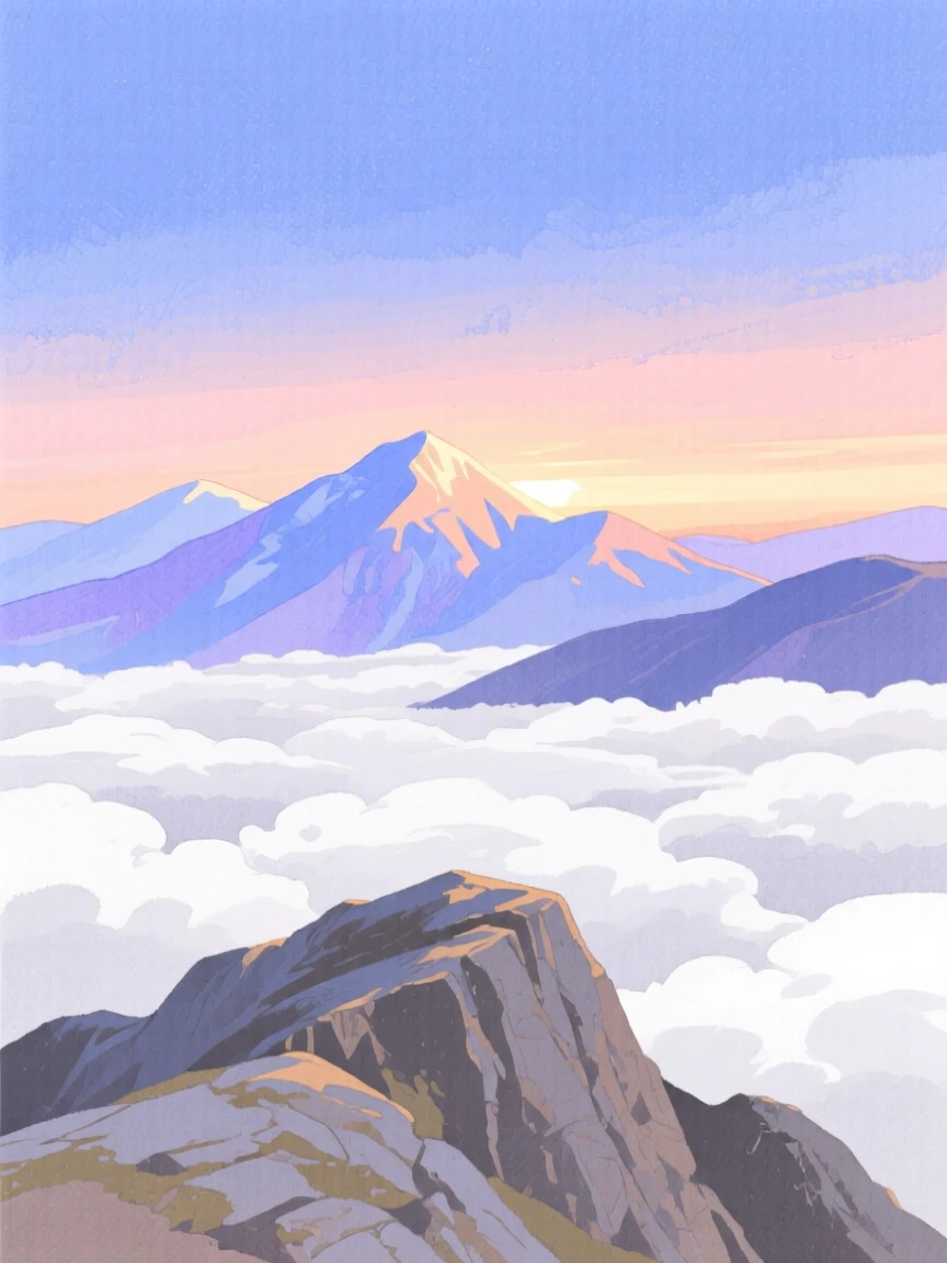 A mountain summit offers a view above the clouds as the first light of morning breaks over distant peaks