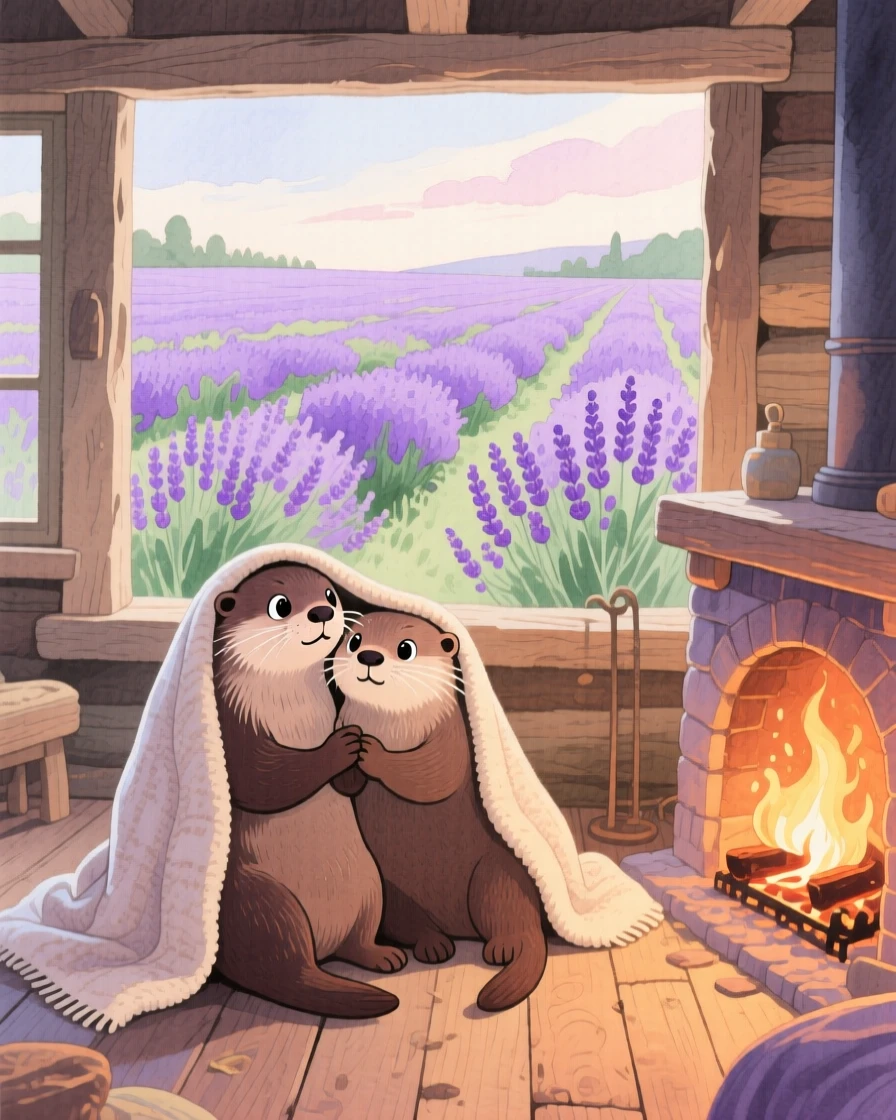 A pair of otters snuggling under a cozy blanket by a fireplace, set in a lavender field stretching to the horizon, filled with wide-eyed wonder.