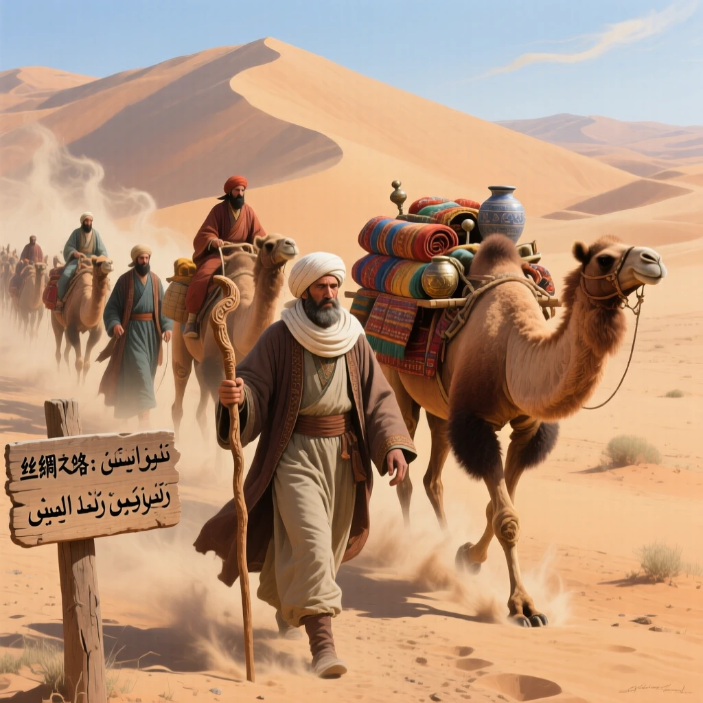Silk Road traders leading a camel caravan across vast desert dunes, with dust and motion conveying the energy of the historical moment, bringing a vivid, immersive moment of history to life