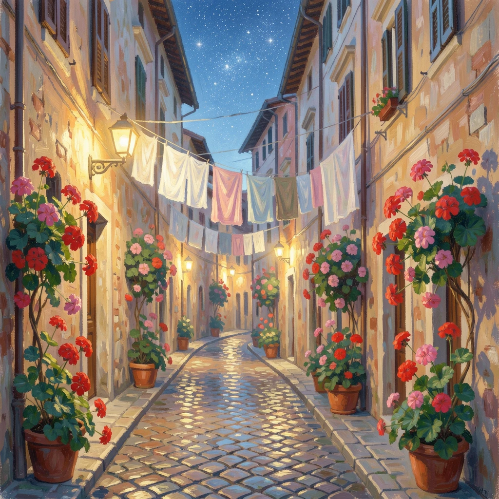 A narrow cobblestone alley in Rome draped with hanging laundry and blooming geraniums, under a canopy of stars.