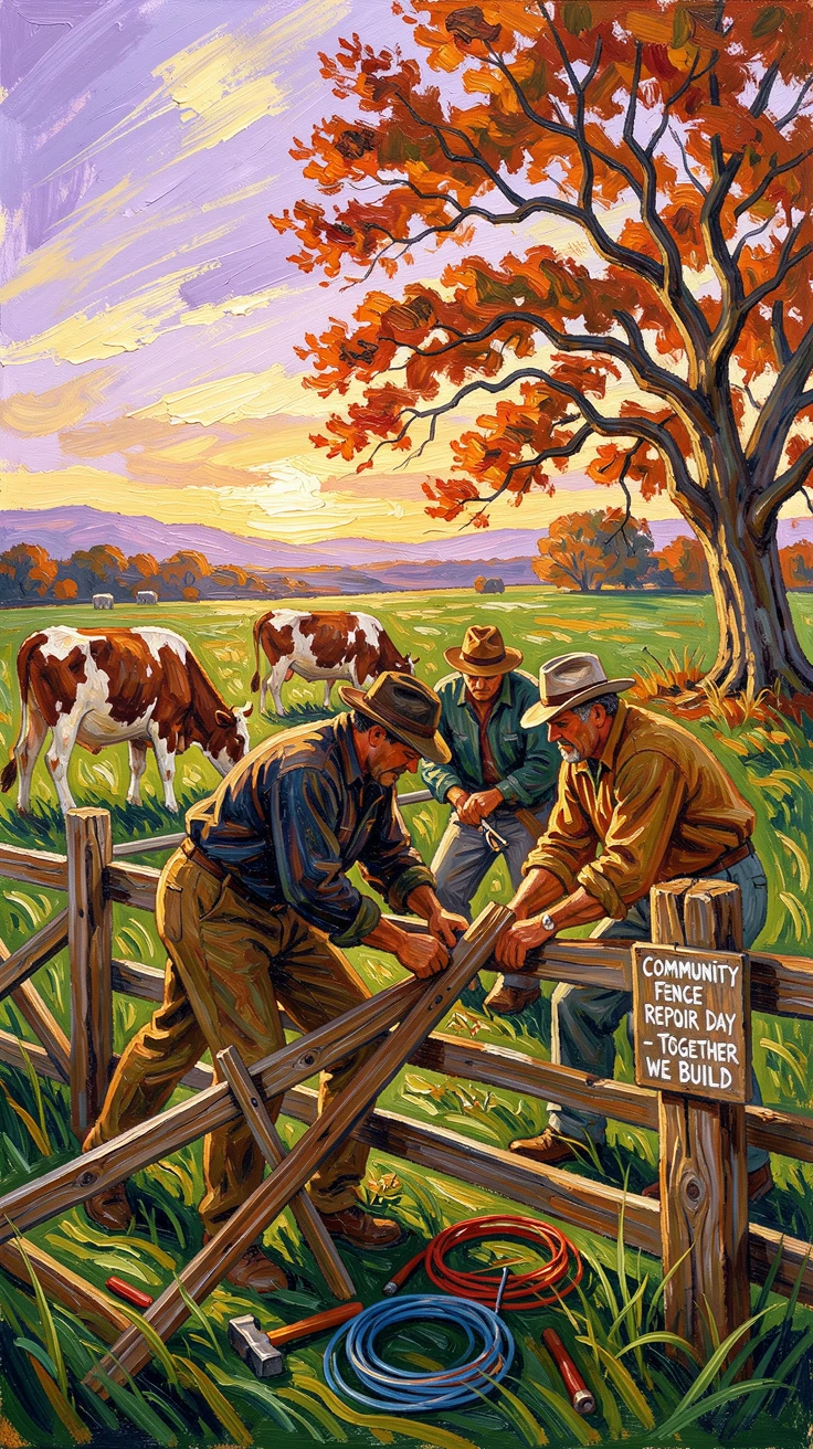 A group of farmers repairing a fence together as cattle graze nearby.