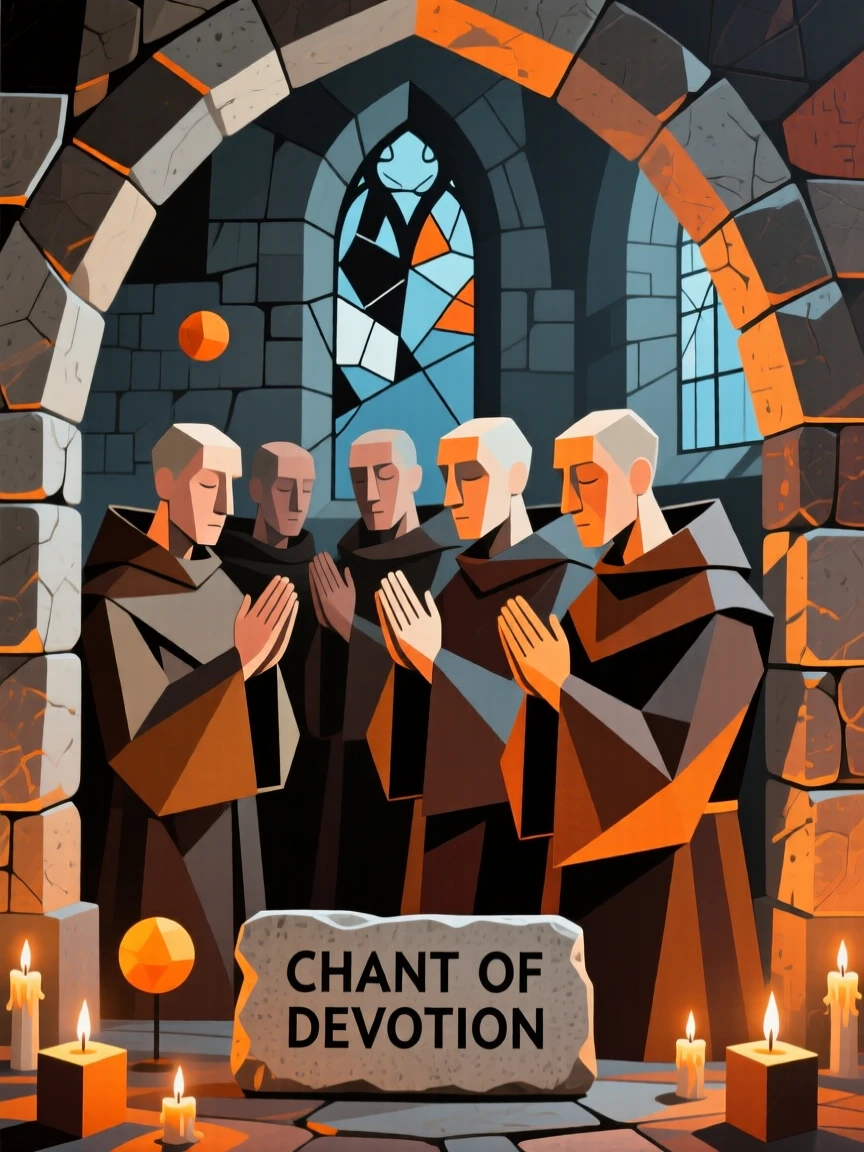 A group of monks chanting softly within a candlelit stone monastery.