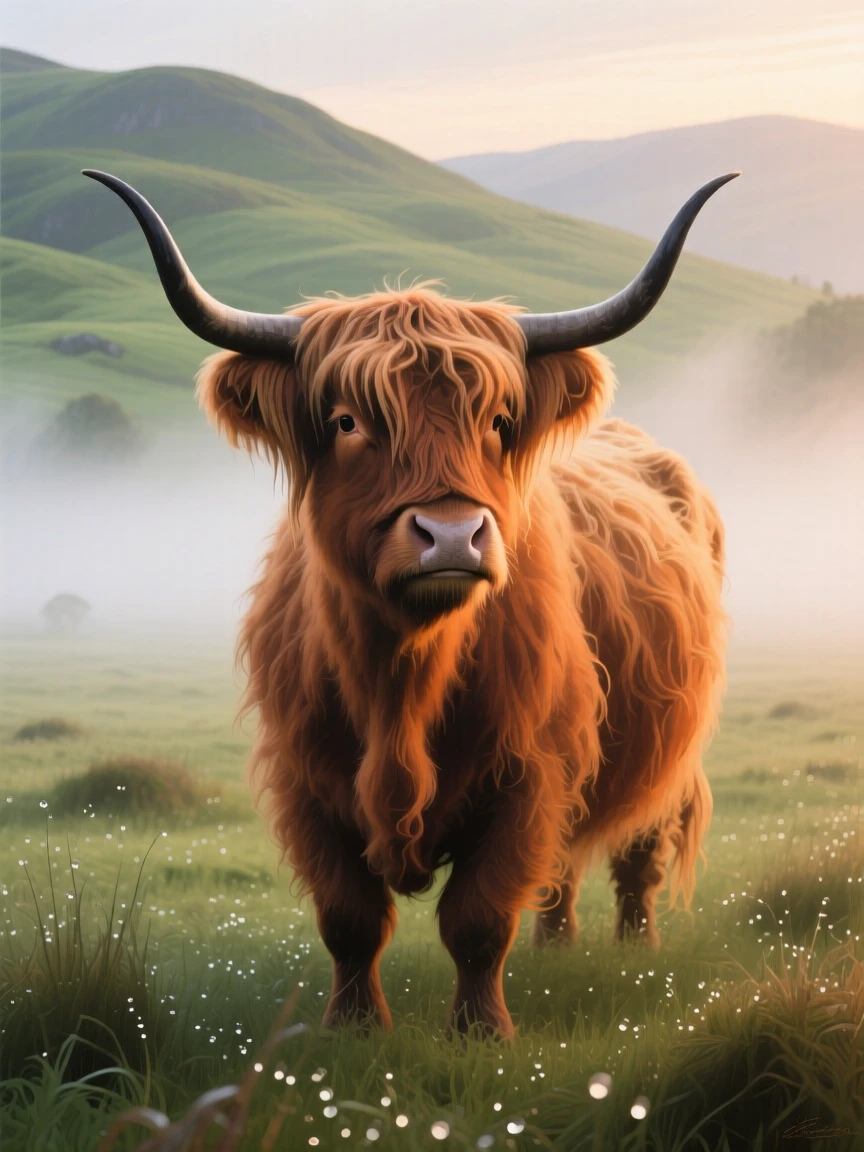 A gentle Highland cow with shaggy orange fur grazes in a misty Scottish field, its long horns silhouetted against rolling green hills, the play of light across its form emphasizing the animal's natural grace and presence.
