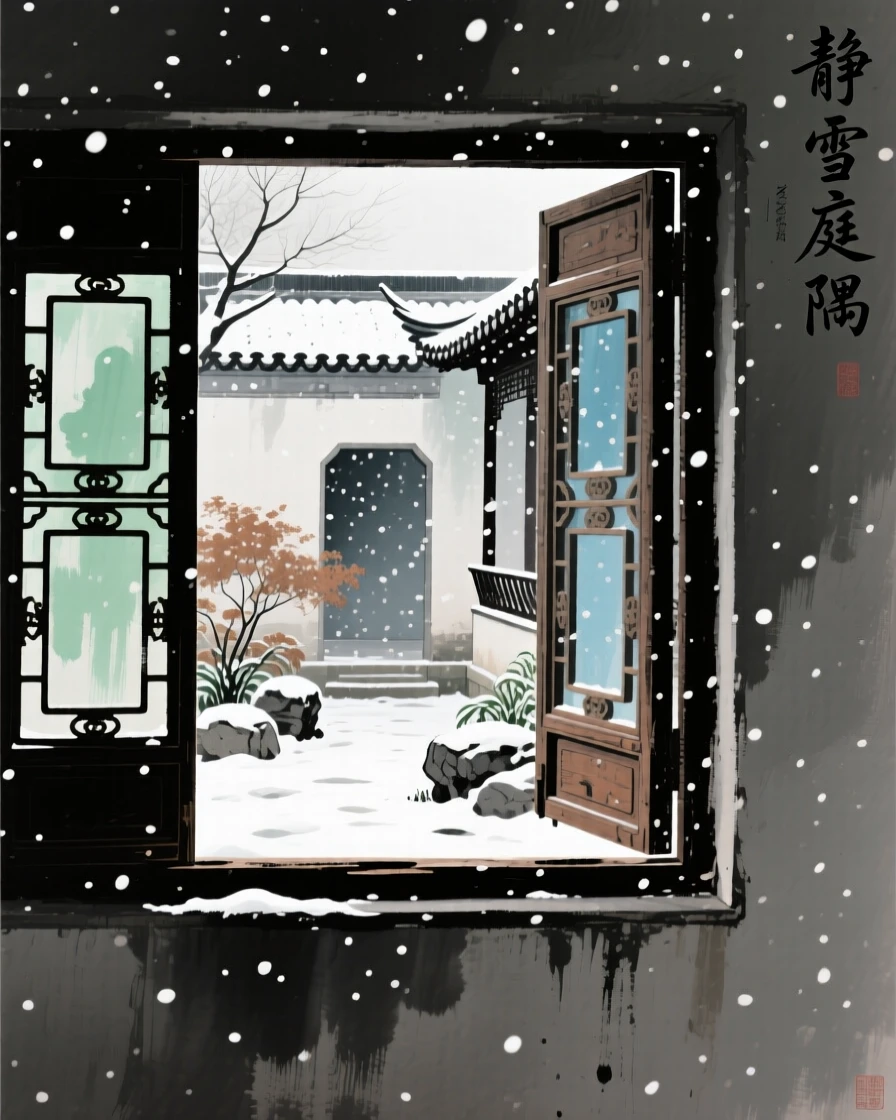 A solitary window open to a courtyard filled with falling snow, imbued with timeless calm.