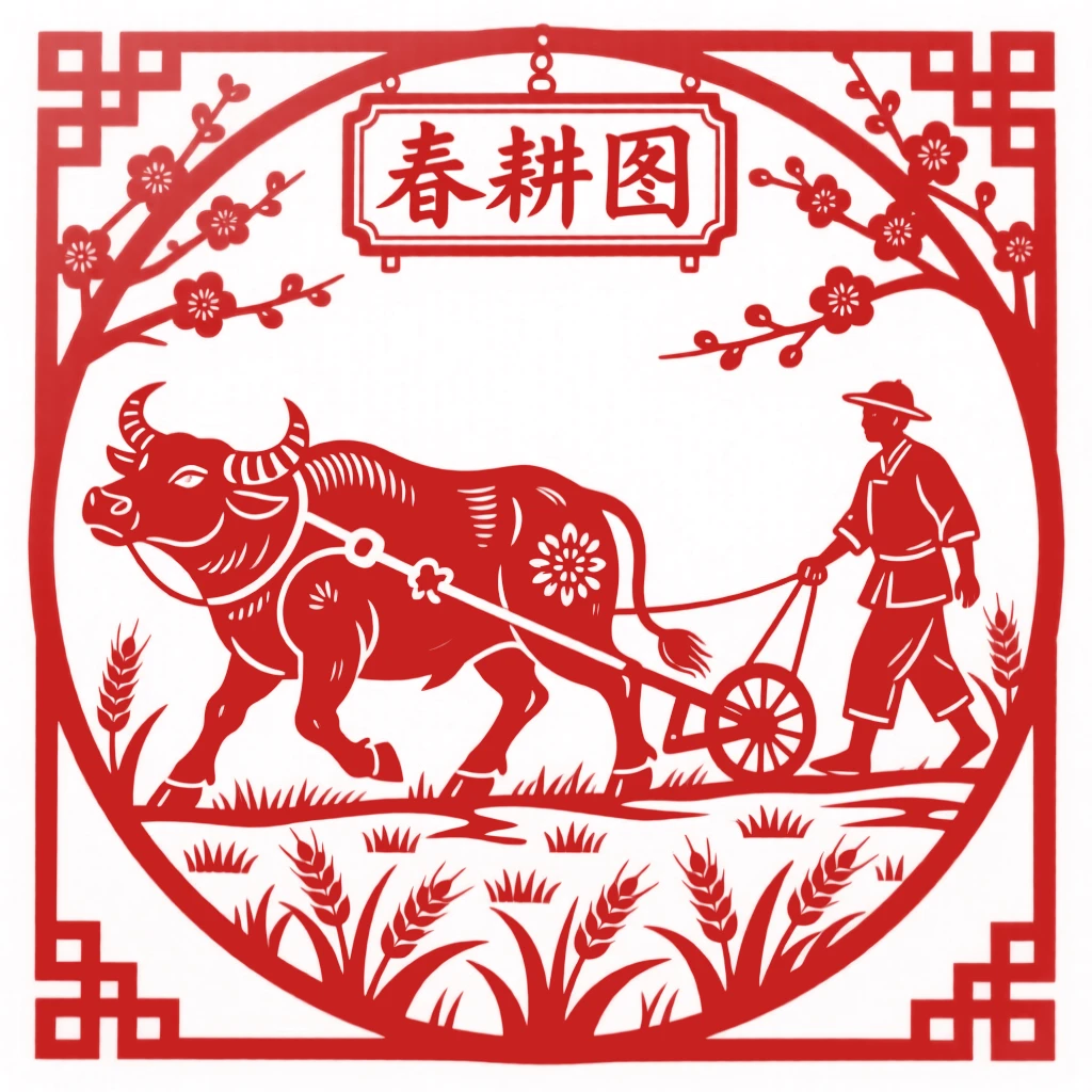 A powerful ox pulling a plow through a spring field, a farmer walking behind with a guiding hand on the reins