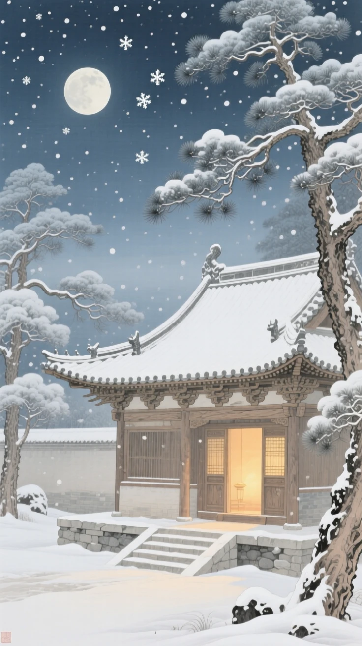 Snow falling silently under a pale winter moon, beside a quiet temple with a single lit window