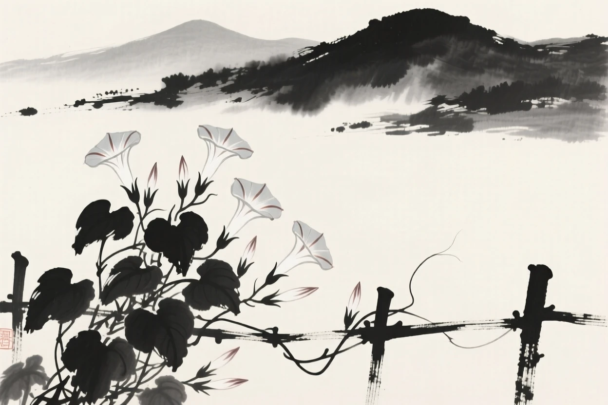 A cluster of morning glories on a fence framed by distant, hazy mountains, seen from a low angle looking upward, capturing a delicate, transient moment in bloom.