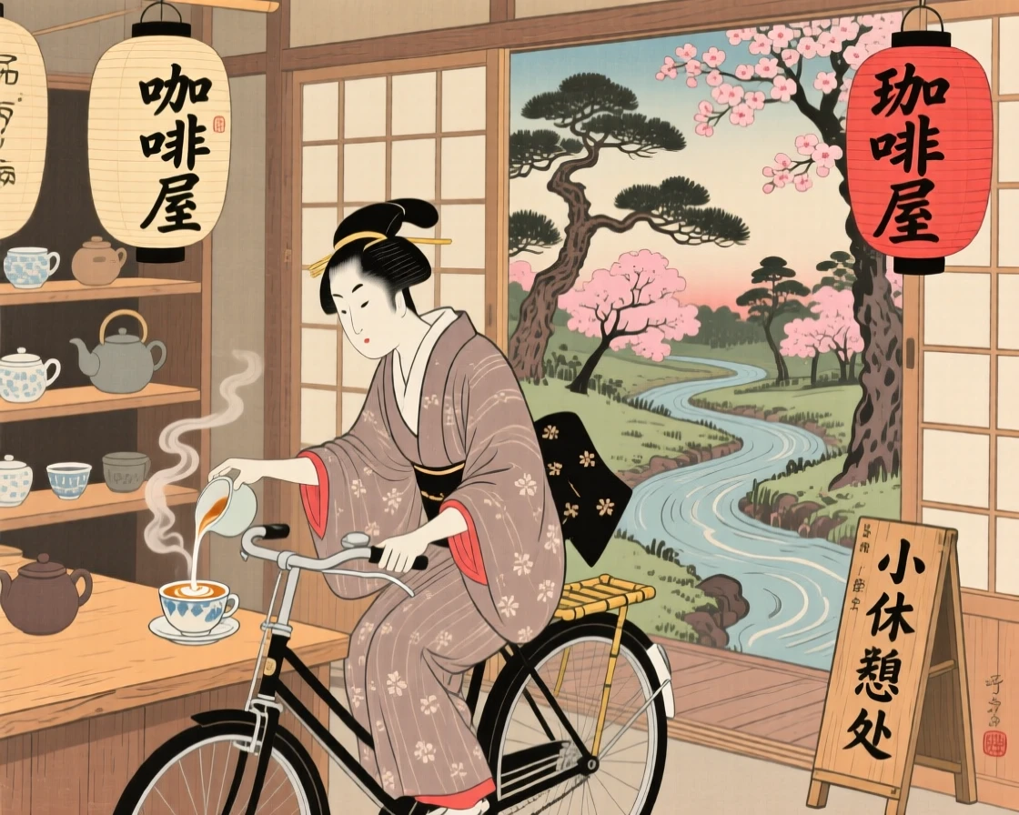 A bicycle rider pouring latte art in a cozy corner shop.