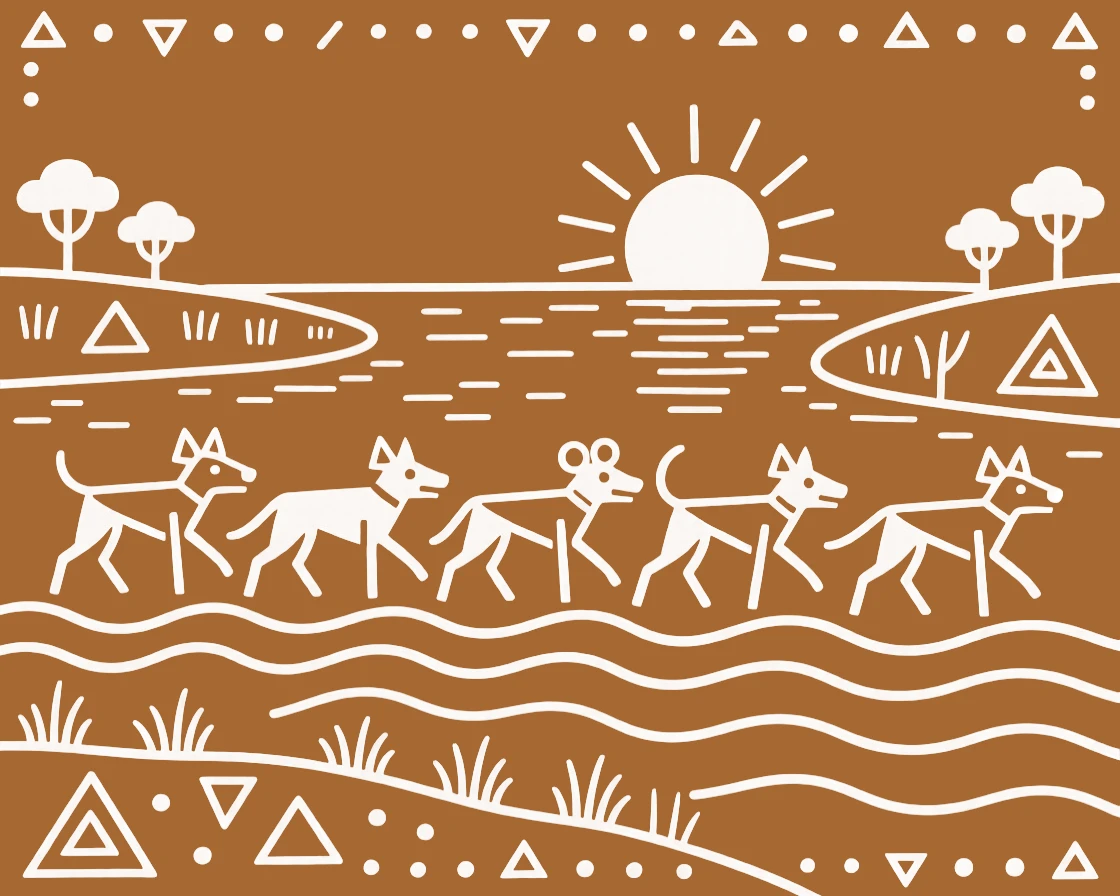 A pack of wild dogs crossing a wide river at dawn.