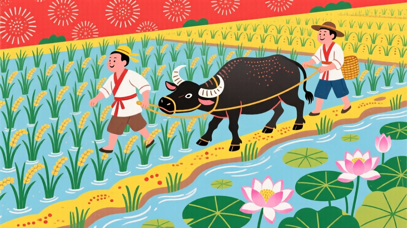A farmer leading an ox through a rice paddy, at the edge of a lotus pond.