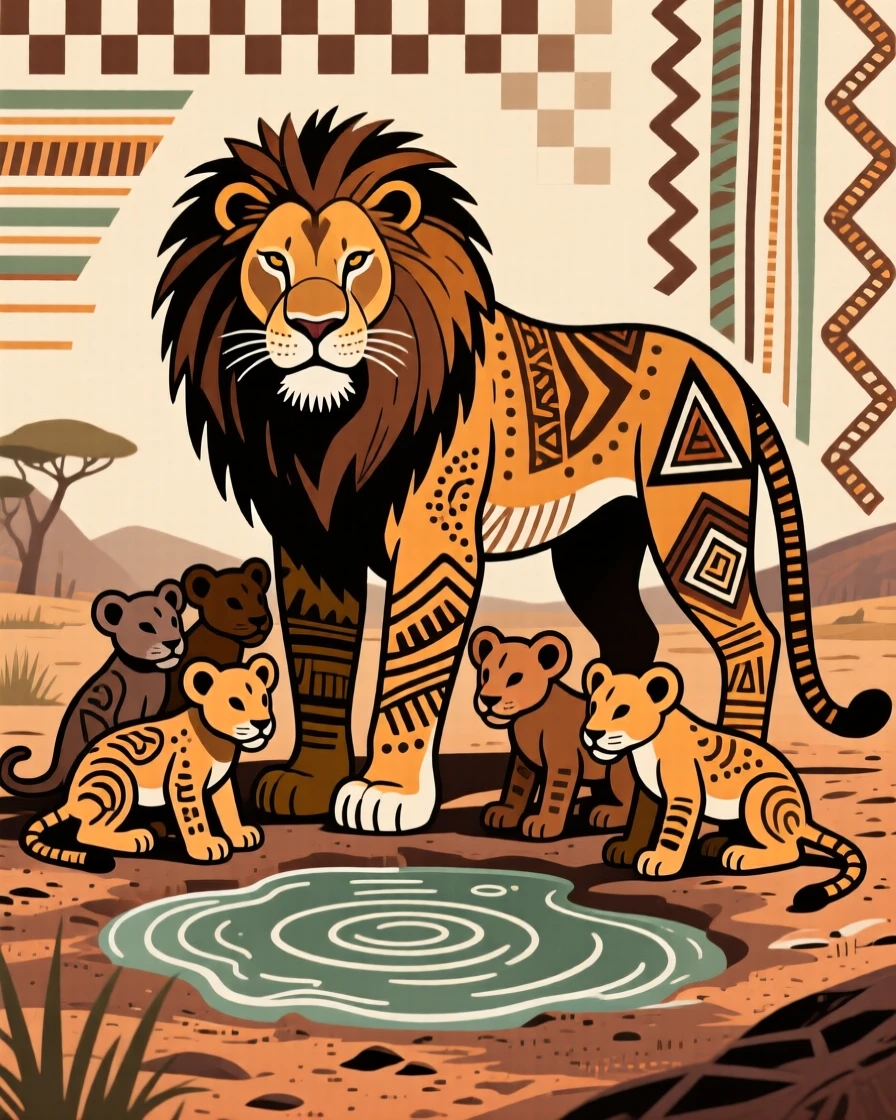 A lioness gathering around a dwindling pool of water.