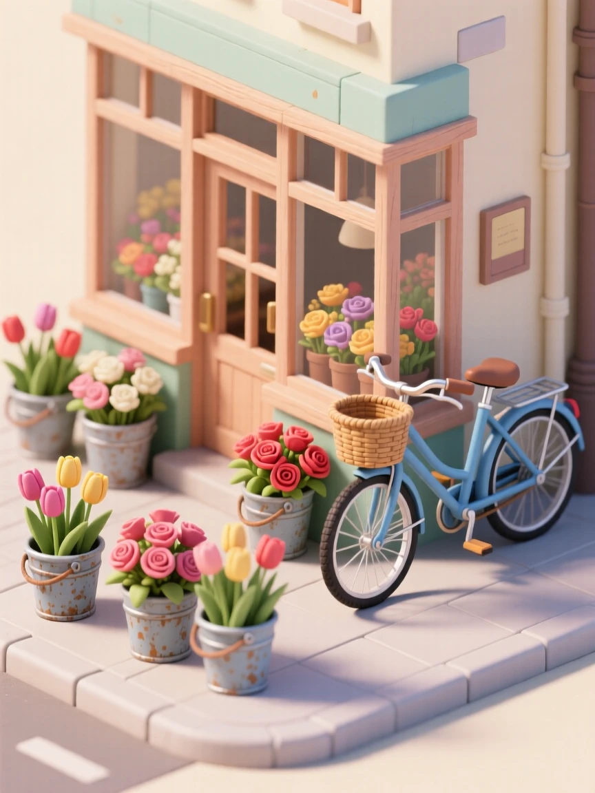 A quaint flower shop with buckets of tulips and roses spilling onto the sidewalk, a delivery bicycle leaning against the window.