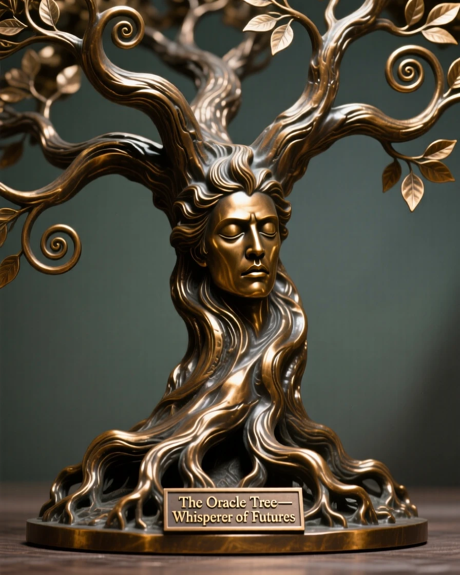 An ancient oracle tree whispering secrets of the future, captured in a powerful, dynamic pose, radiating awe and grandeur