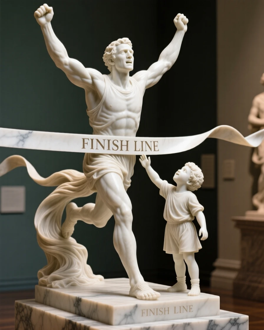 An emotionally powerful scene of a runner crossing the finish line with arms raised in triumph, filled with warmth, tenderness, and connection