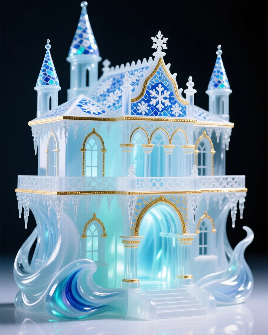 A hidden ice palace glowing with soft blue light from within, magical and rare.