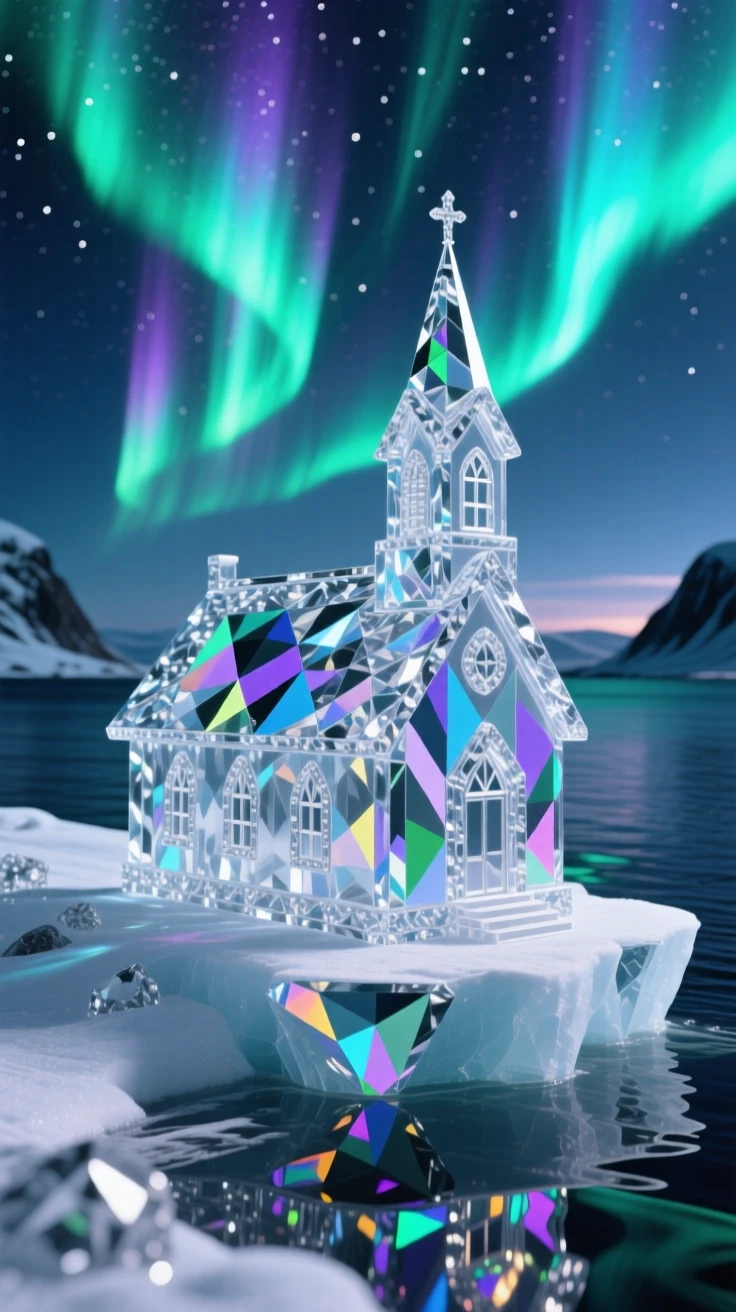 A remote Nordic church perched on a fjord's edge beneath the northern lights.