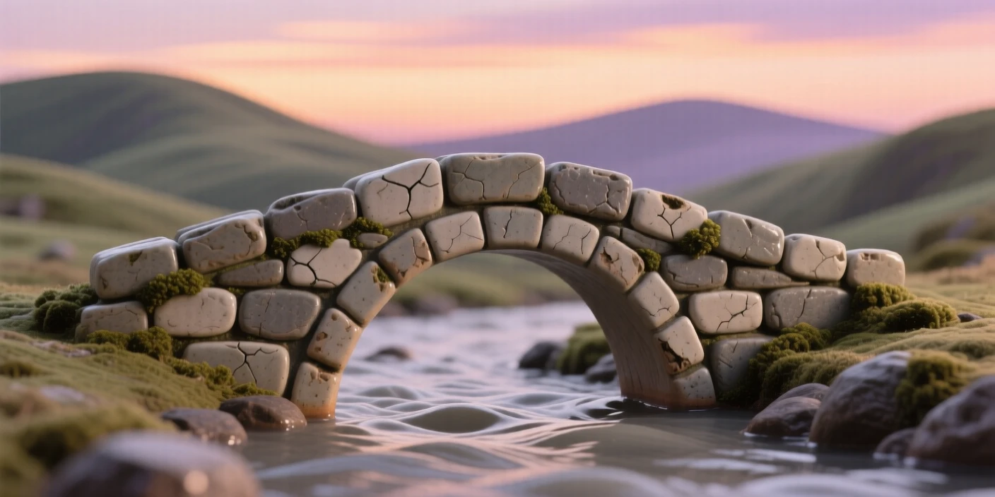 A weathered stone bridge arching over a river framed by rolling hills in the distance, its silhouette sharp against a colorful sky, radiating peaceful, storybook charm.