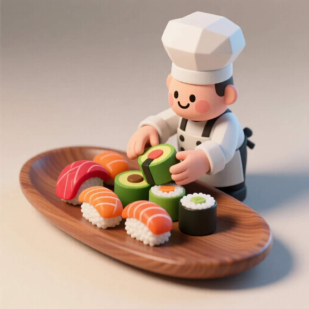 A meticulous chef arranges colorful sushi rolls in a perfect spiral on a polished wooden platter.