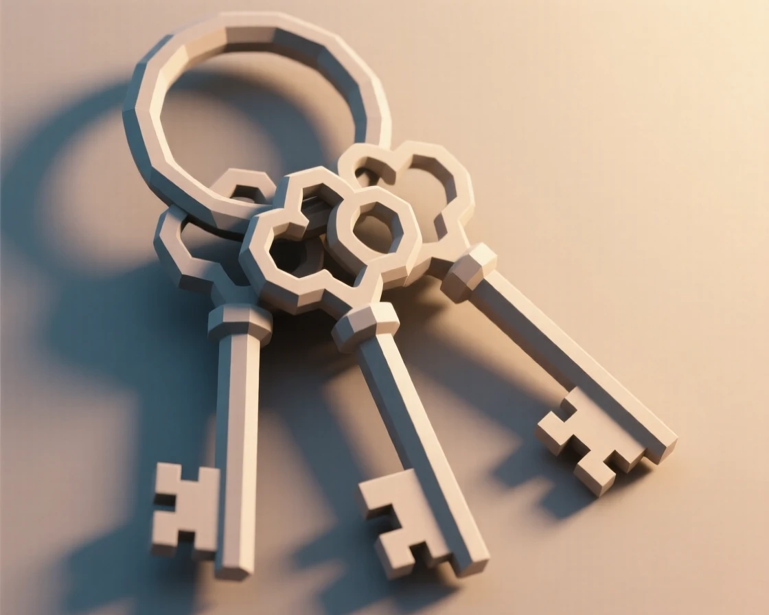 A key ring with ornate antique keys, bathed in warm afternoon light. soft directional light creates gentle shadows. A sense of quiet history fills the objects.
