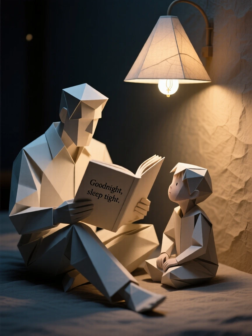 A father reading a bedtime story to his child under a soft glowing lamp.