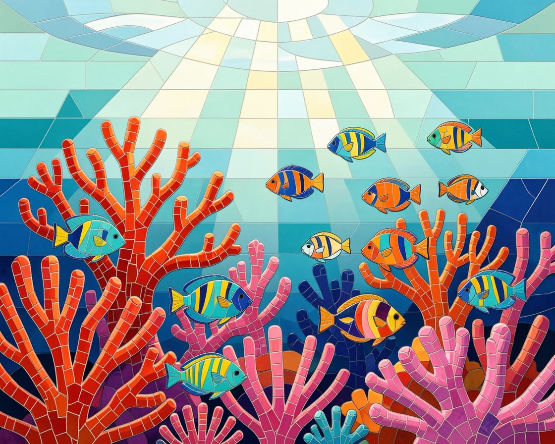 A vibrant coral reef teeming with colorful tropical fish.