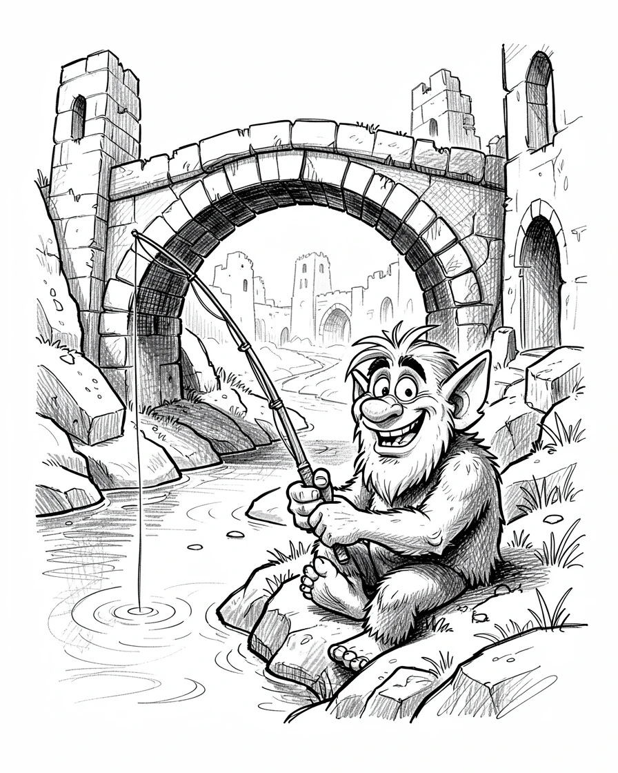 A friendly troll fishing under a stone bridge beside a river winding through ruins.