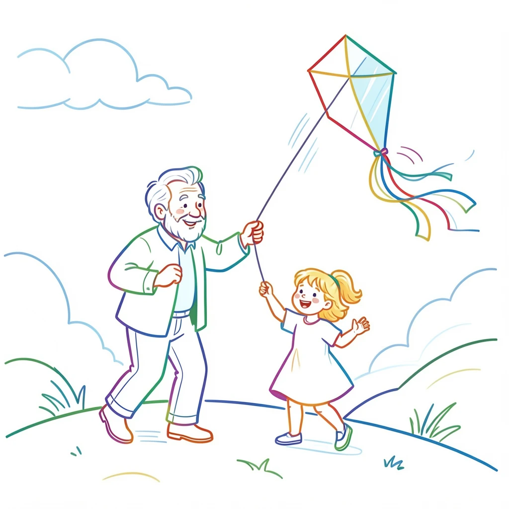 A grandfather and grandchild flying a kite together on a windy hill.