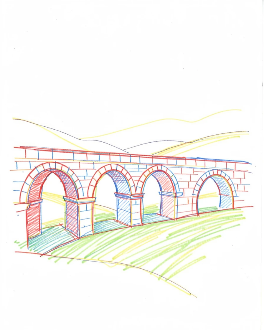 An ancient stone aqueduct stretching across a green valley