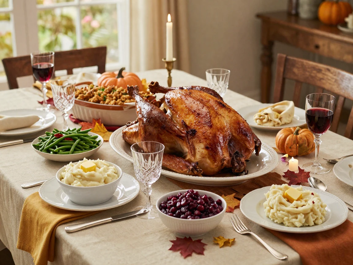 A festive table set for Thanksgiving dinner with a roasted turkey