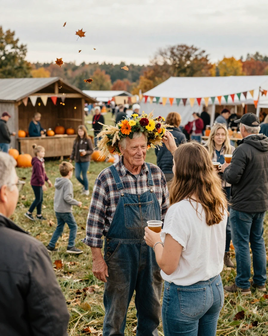 A harvest festival crowns a local farmer with a wreath of wheat and flowers.