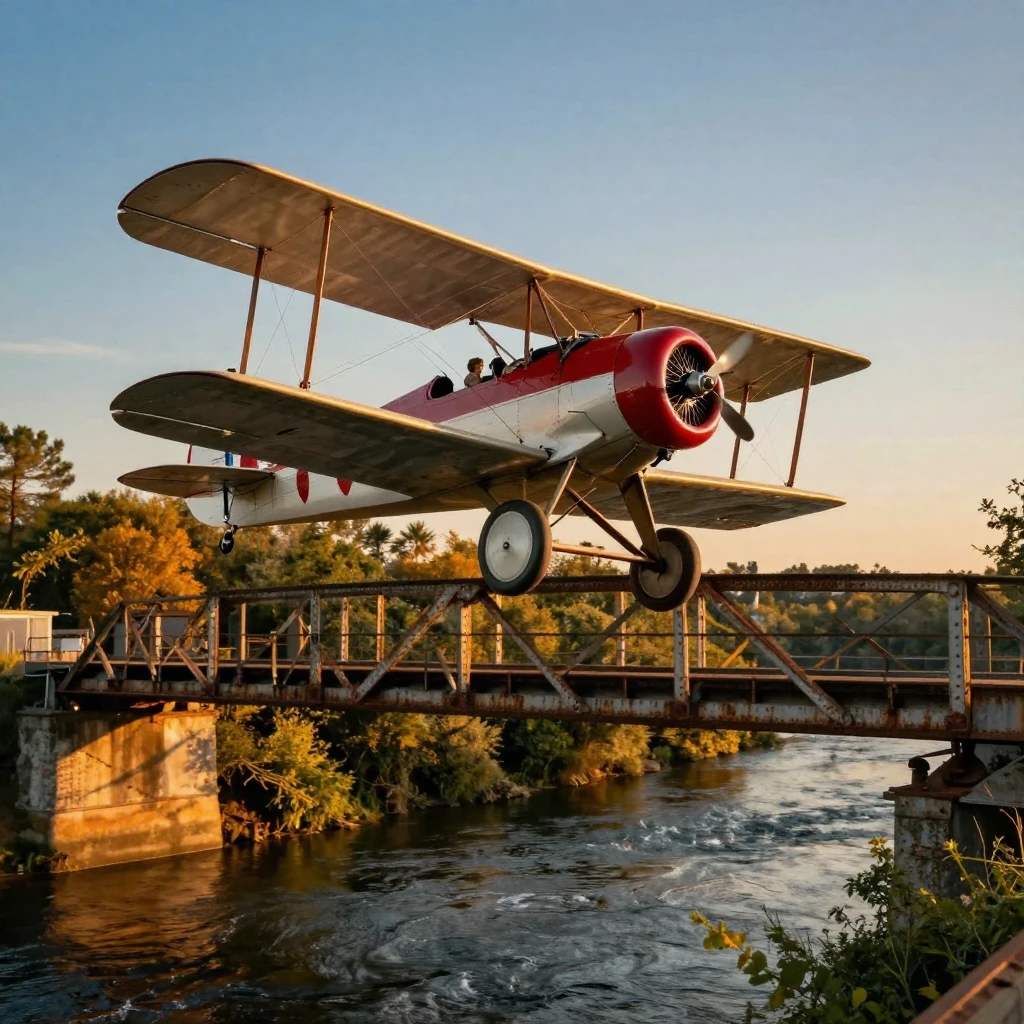 A restored biplane crossing an old iron bridge in the golden light of late afternoon
