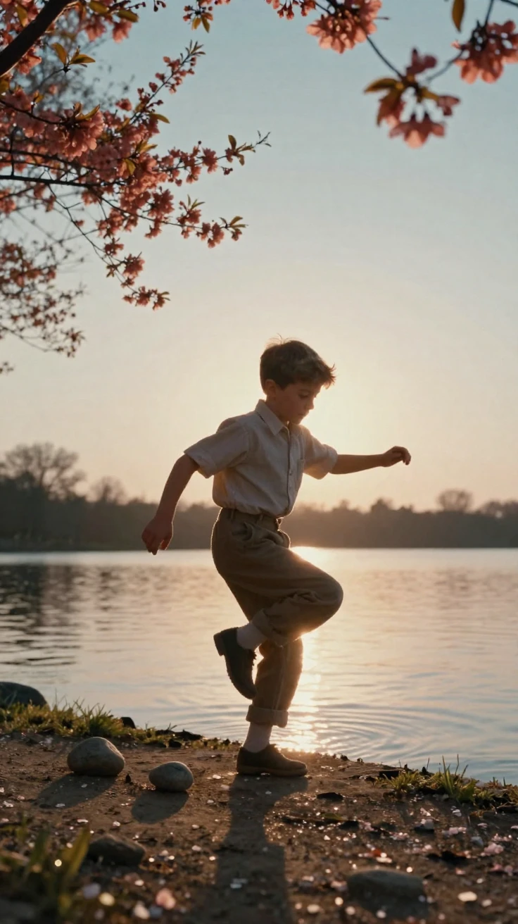 A boy skipping stones across a still lake at sunset, in warm morning light, as heat shimmers over the ground, as spring blossoms unfurl, in vivid coral and turquoise hues, captured from a low angle looking up.