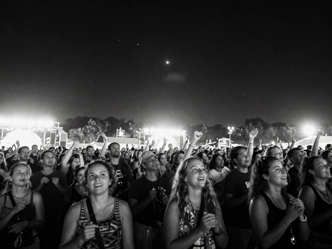 A crowd at a music festival sways together under bright stage lights under a starry night sky.