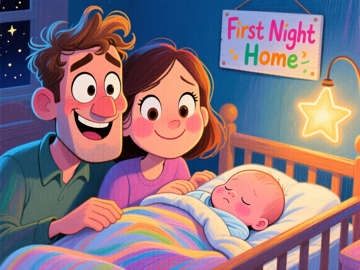 A couple watching their newborn sleep peacefully for the very first night home.