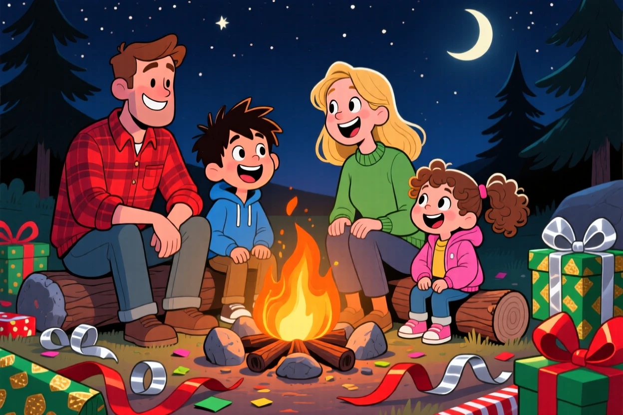 A heartwarming scene of a young family gathered around a campfire telling stories, surrounded by scattered wrapping paper and bows.