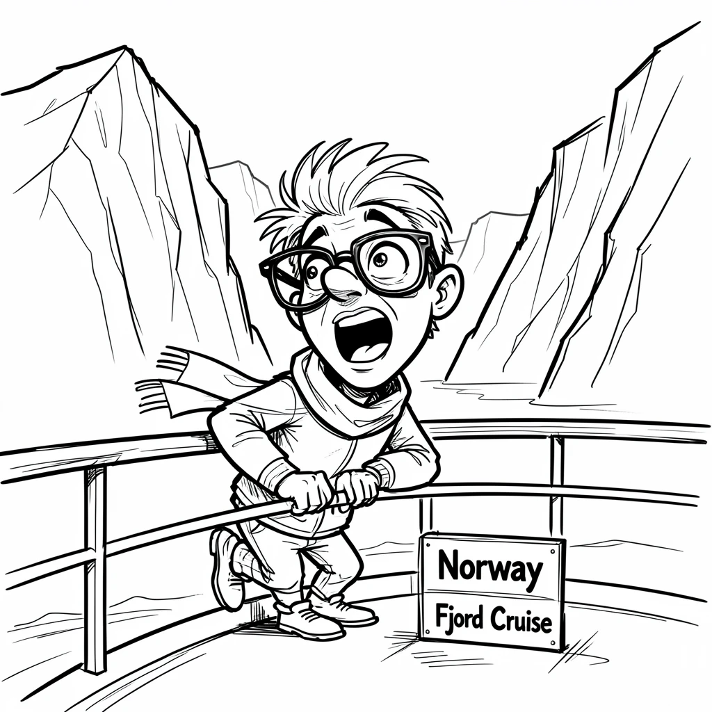 [Travel & Cultural Experiences] Vivid travel scene of a traveler admiring the fjords from a scenic cruise deck in Norway, full of wonder and adventure