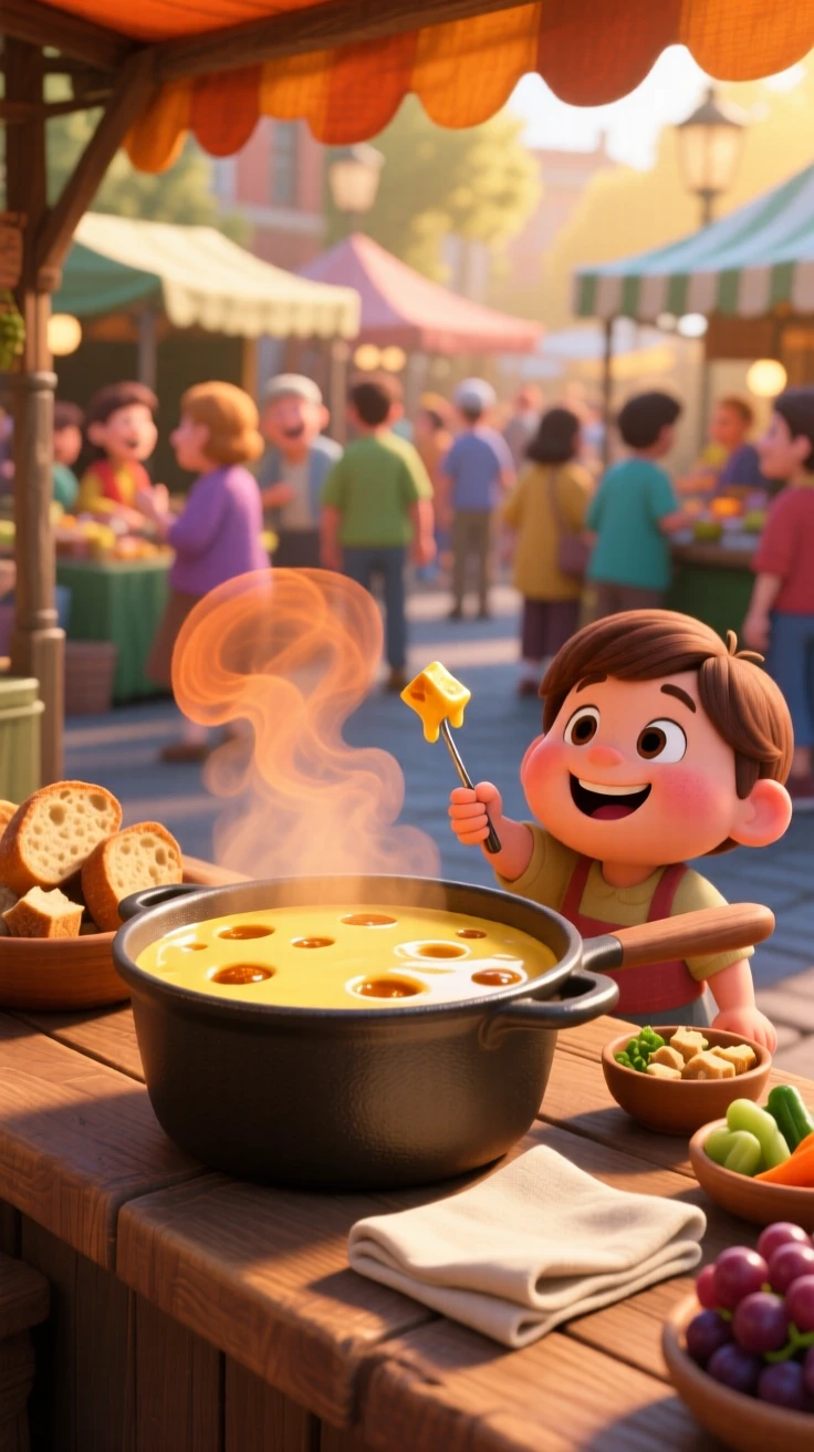 A bubbling pot of cheese fondue sits at a bustling street food market stall, next to a folded linen napkin. A cheerful, mouthwatering warmth surrounds the dish.