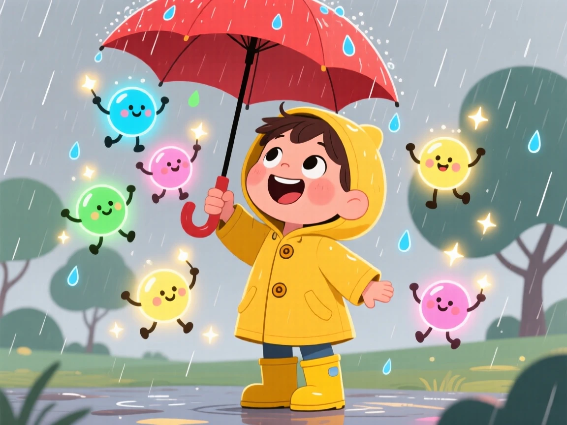 A child imagining raindrops turning into tiny dancing lights.