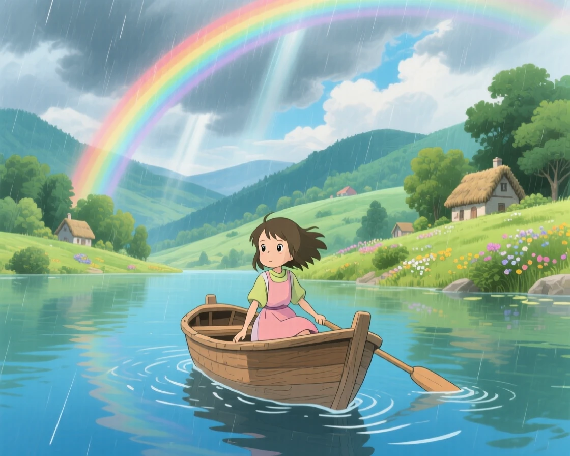 A stunning view of a rainbow stretching across a valley after a storm, viewed from a small boat bobbing on the water.