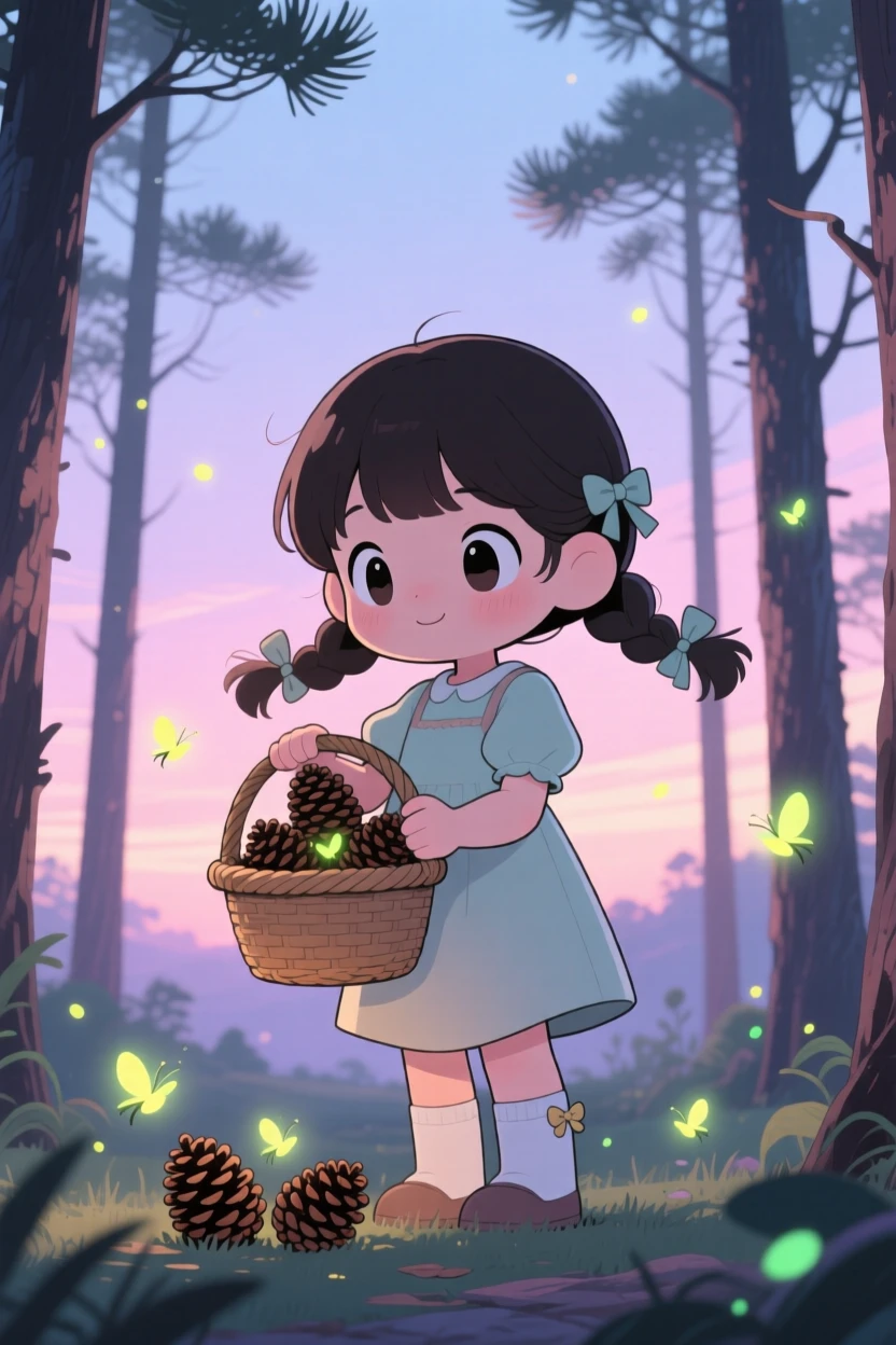 A young girl collecting pinecones in a woven basket, framed as a silhouette composition within a quiet pine forest, as fireflies begin to glow at dusk, glowing under soft pastel light of dawn, evoking warm affection.