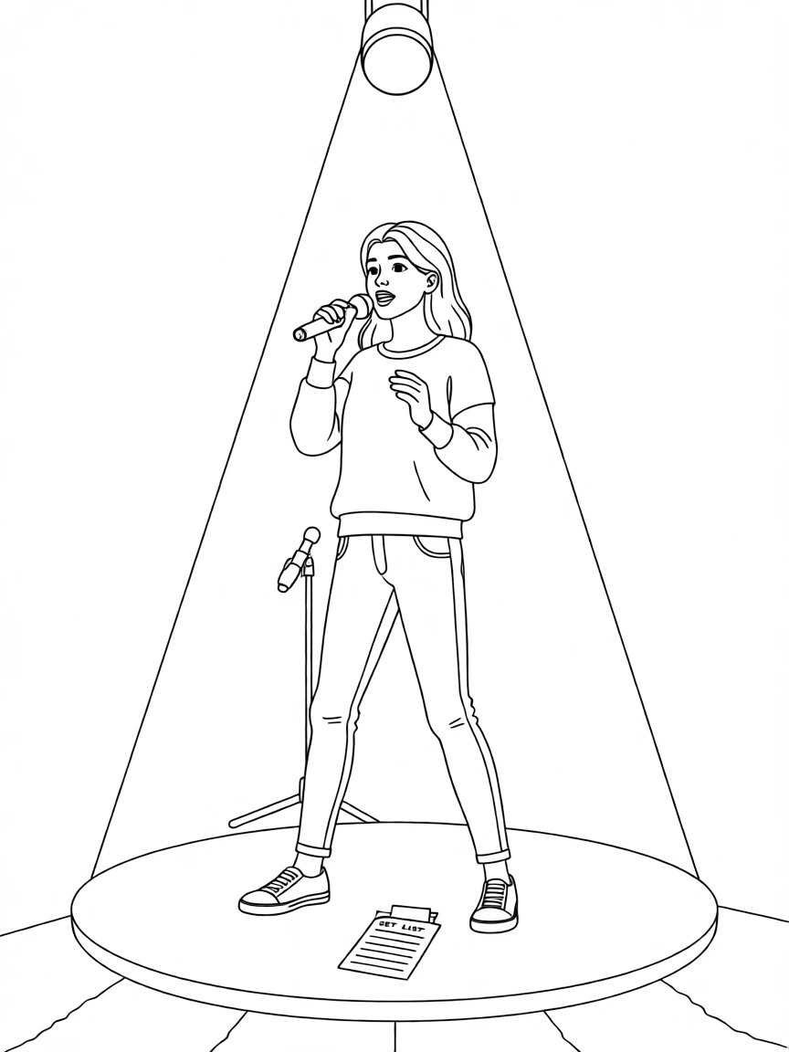 A singer holding a microphone under a single stage spotlight, with a set list taped to the floor nearby.