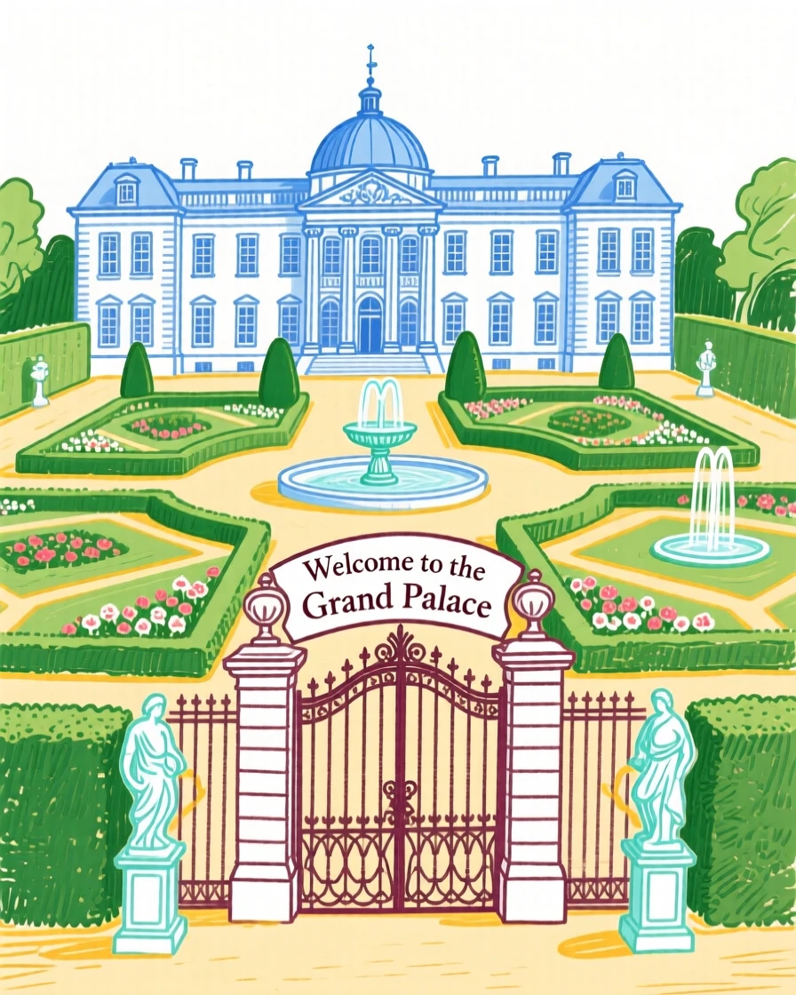 A grand palace surrounded by manicured formal gardens.