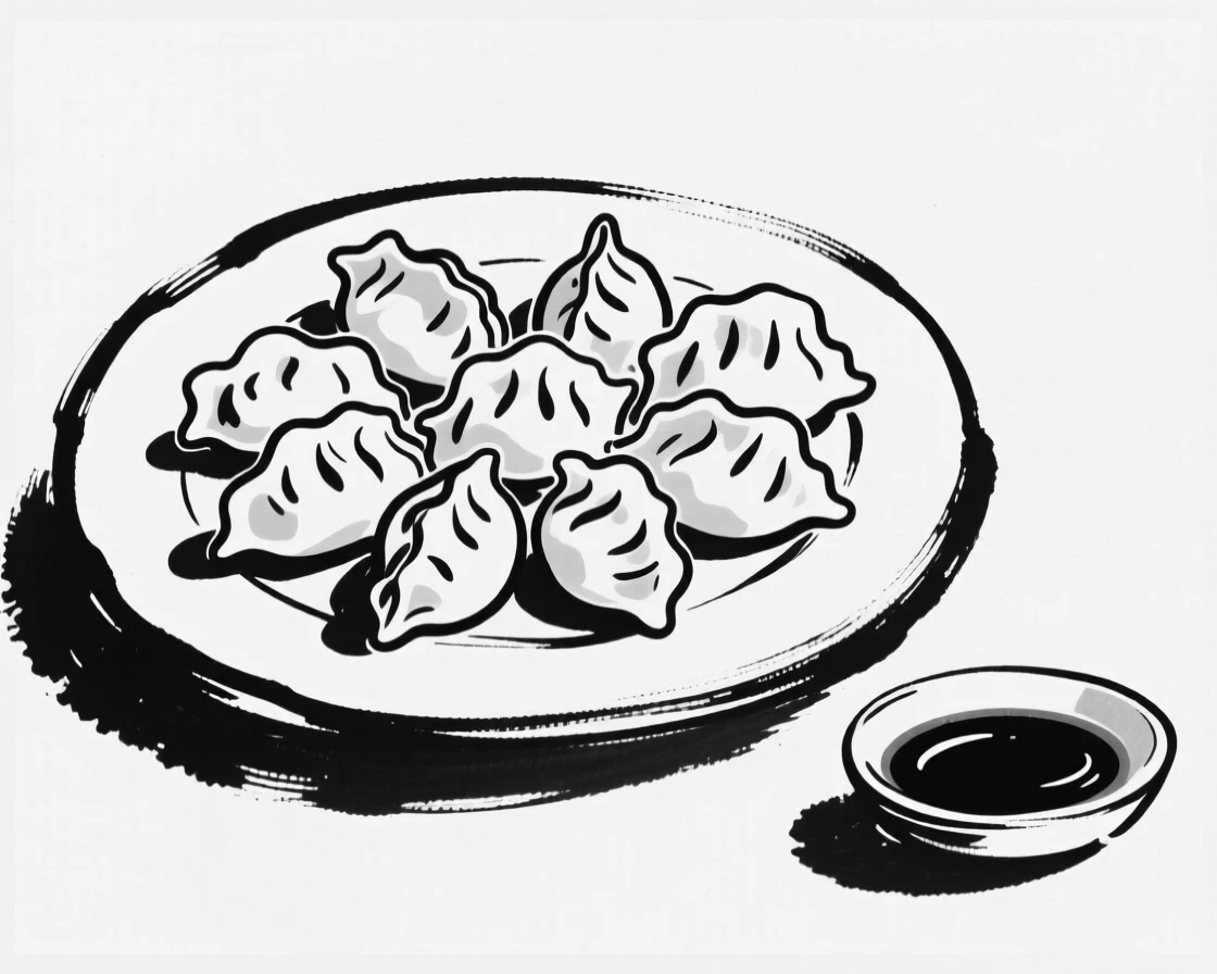 A platter of fresh dumplings with a small dish of soy dipping sauce.
