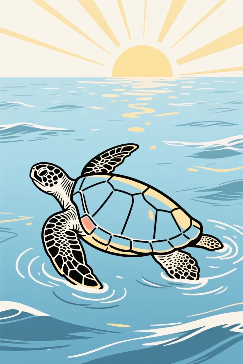 A leatherback turtle swimming through open ocean beneath sunbeams.