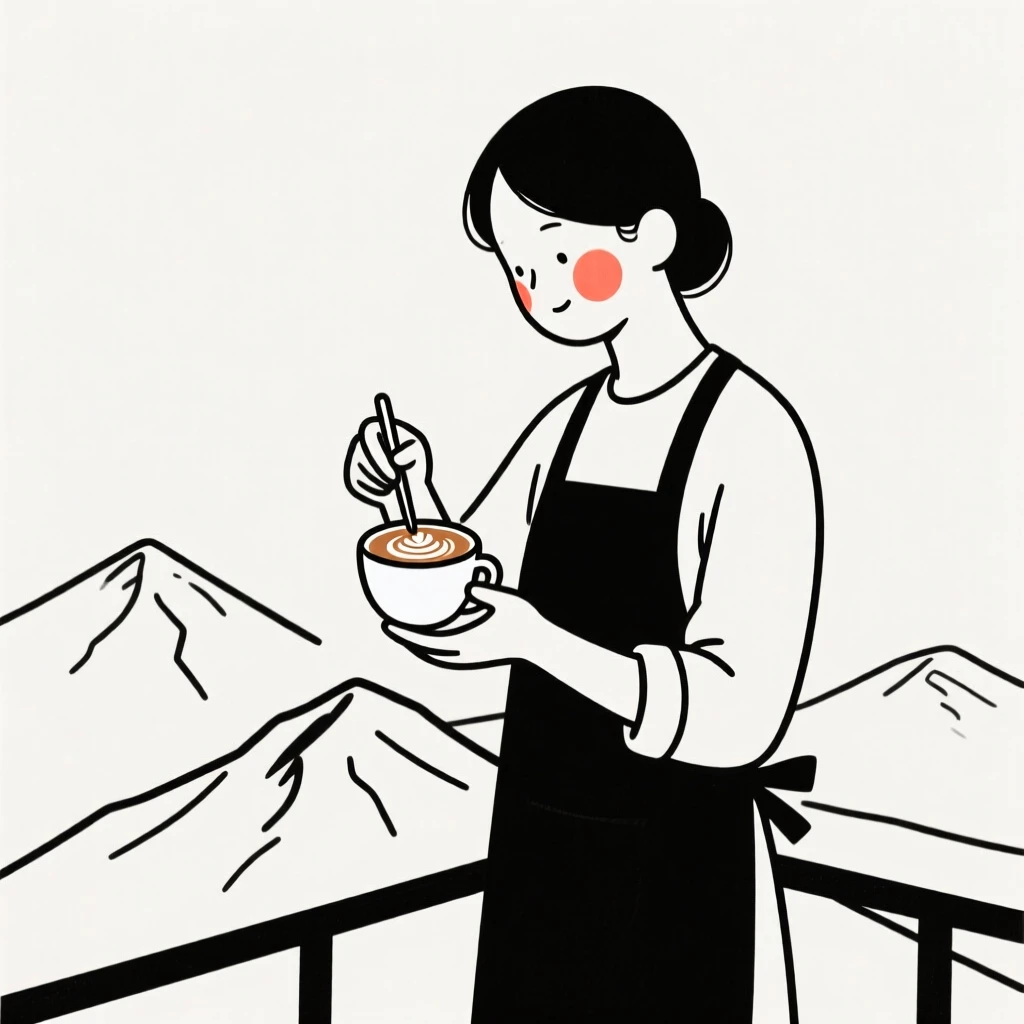 A barista crafting latte art, looking serene and at peace, on a mountaintop overlook.