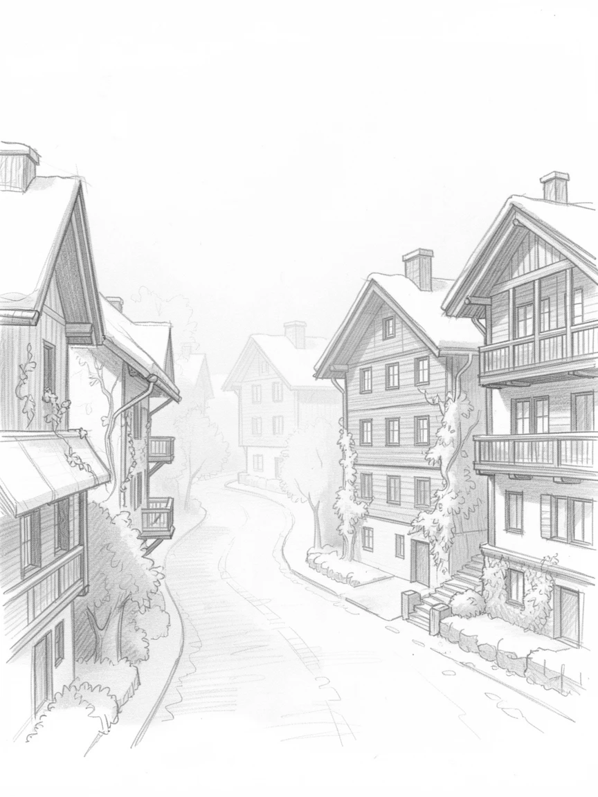 A stunning view of a snow-dusted alpine chalet village as fog rolls through the streets, with lush ivy climbing the walls.