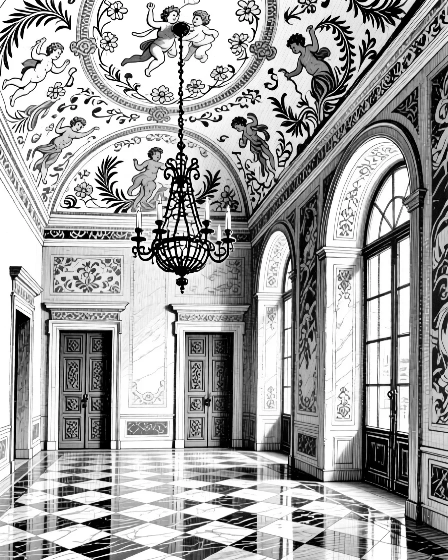 A traditional Venetian palazzo interior with ornate frescoed ceilings.