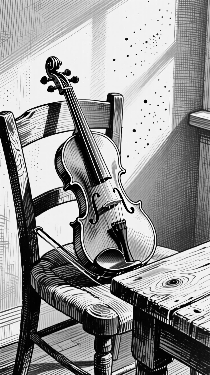 A violin resting on a chair arranged on a rustic wooden table, with dust motes floating in a sunbeam, forming a calm and homely still-life study.