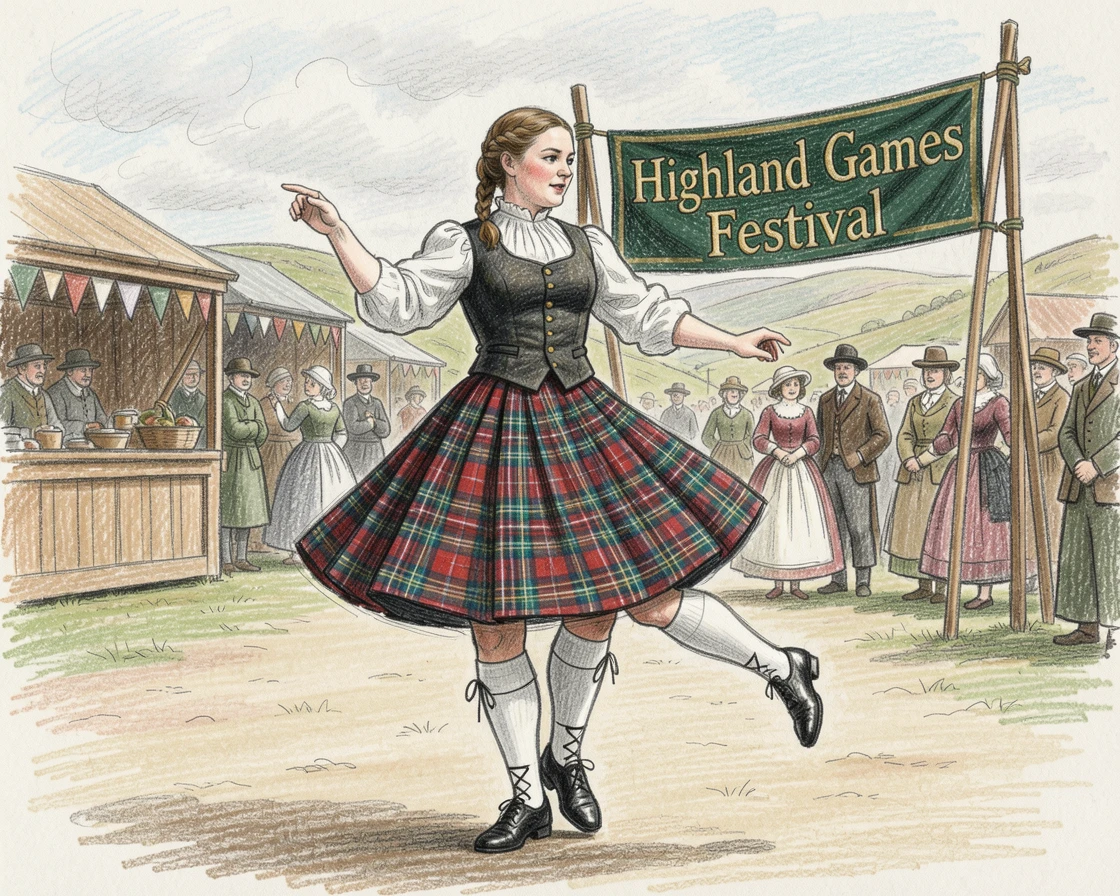 A traditional Scottish highland dance performed at a festival, with careful attention to period-accurate clothing and setting, capturing the grandeur of a bygone era.